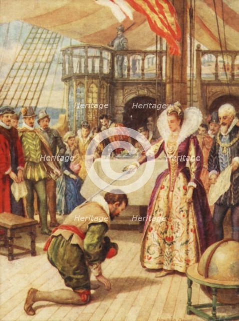 'Francis Drake being knighted by Queen Elizabeth', c1900.  Creator: Howard Davie.