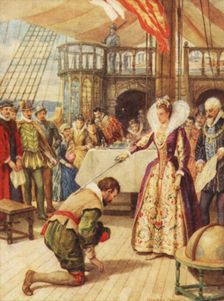 Francis Drake being knighted by Queen Elizabeth c1900. Creator: Howard Davie