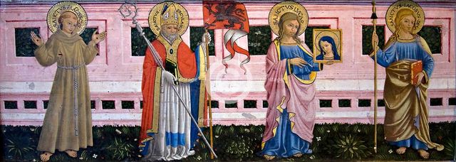 Francis of Assisi, St Herculanus, St Luke and Apostle Jacob the Elder, 1452. Creator: Bartolomeo Caporali.