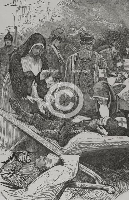 Franco-Prussian War (1870-1871): Prussian ambulances tending the wounded soldiers, Sep 1870 (1870).  Creator: Unknown.