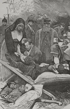 Franco-Prussian War (1870-1871): Prussian ambulances tending the wounded soldiers, Sep 1870 (1870). Creator: Unknown