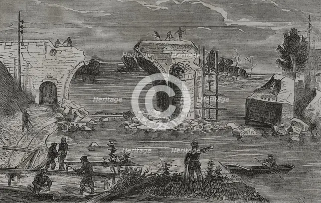 Franco-Prussian War (1870-1871): Reparation of the railway bridge over the Marne river at Trilport.. Creator: Unknown.