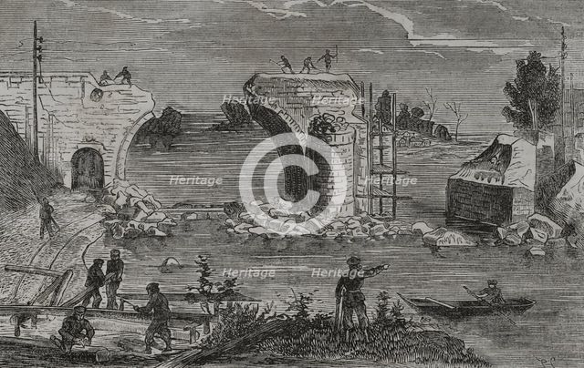 Franco-Prussian War (1870-1871): Reparation of the railway bridge over the Marne river at Trilport.. Creator: Unknown.