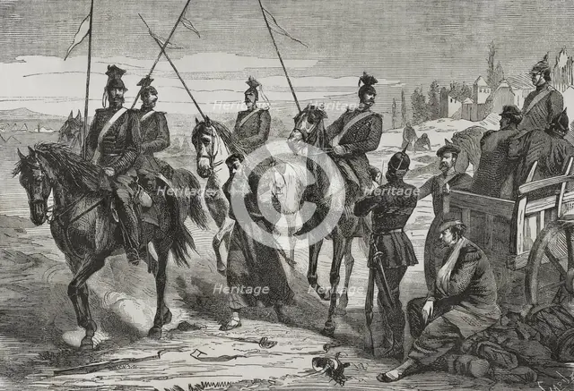 Franco-Prussian War (1870-1): Prussian Uhlans lead a captured French spy to the camp near Metz,1870. Creator: Tomás Carlos Capuz.