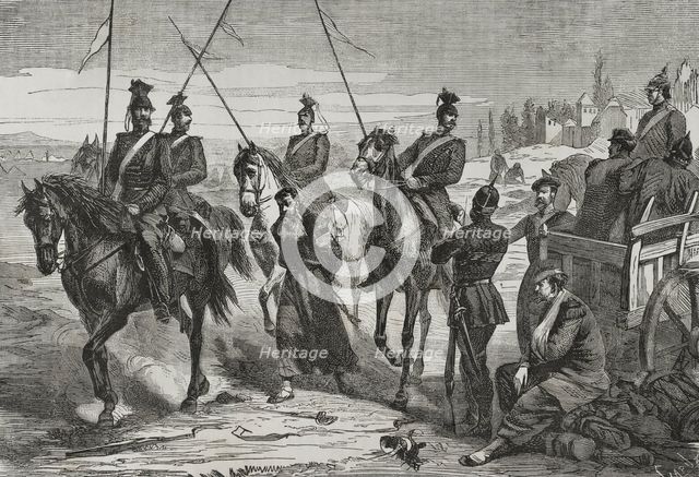 Franco-Prussian War (1870-1): Prussian Uhlans lead a captured French spy to the camp near Metz,1870. Creator: Tomás Carlos Capuz.