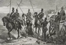 Franco-Prussian War (1870-1): Prussian Uhlans lead a captured French spy to the camp near Metz,1870. Creator: Tomás Carlos Capuz