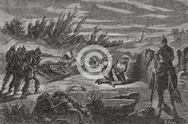 Franco-Prussian War (1870-71): Night execution of two men, caught...marauding a Prussian camp, 1870. Creator: Ribas.