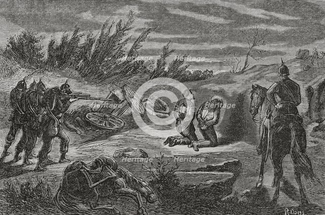 Franco-Prussian War (1870-71): Night execution of two men, caught...marauding a Prussian camp, 1870. Creator: Ribas.