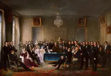 François-Guillaume Andrieux Reading his Tragedy Junius Brutusin the Foyer…, 26 May 1828, c. 1847. Creator: Helm, François-Joseph (1787-1865)