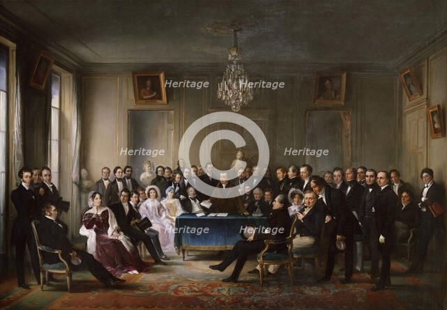 François-Guillaume Andrieux Reading his Tragedy Junius Brutusin the Foyer…, 26 May 1828, c. 1847. Creator: Helm, François-Joseph (1787-1865).