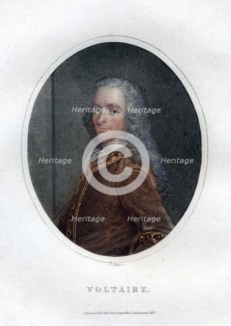 Francois Marie Arouet Voltaire, 18th century French writer and satirist, (1828).Artist: J Pass