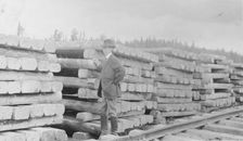 Frank G. Carpenter standing by railroad ties, between c1900 and 1916. Creator: Unknown