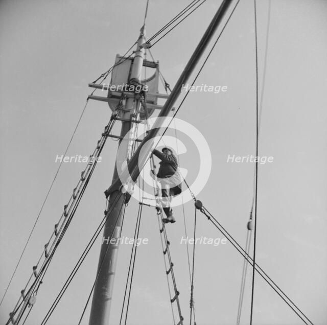 Frank Mineo, owner of the Alden, climbs to the crow's nest..., Gloucester, Massachusetts, 1943. Creator: Gordon Parks.