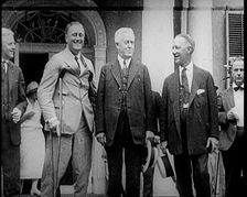 Franklin D. Roosevelt Stands on Crutches Besides Democrat Al Smith and Another Man, 1924. Creator: British Pathe Ltd