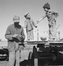 Franklin Schroeder and his older boys in the yard, Dead Ox Flat, Malheur County, Oregon, 1939. Creator: Dorothea Lange