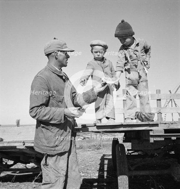 Franklin Schroeder and his older boys in the yard, Dead Ox Flat, Malheur County, Oregon, 1939. Creator: Dorothea Lange.