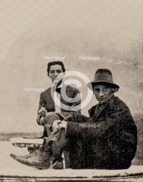Franz Kafka (right) with Max Brod?s younger brother, Otto, at the Castel Toblino near Trento, 1909. Creator: Anonymous.