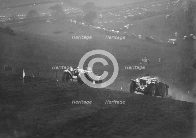Frazer-Nash and MG NA Magnette competing in the MG Car Club Rushmere Hillclimb, Shropshire, 1935. Artist: Bill Brunell.