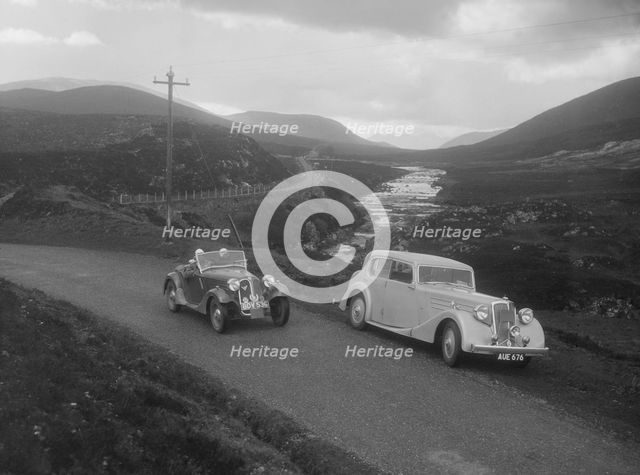 Frazer-Nash BMW 319/55 of E Violet Watson passing Bill Brunell's Standard, Scottish Rally, 1938. Artist: Bill Brunell.