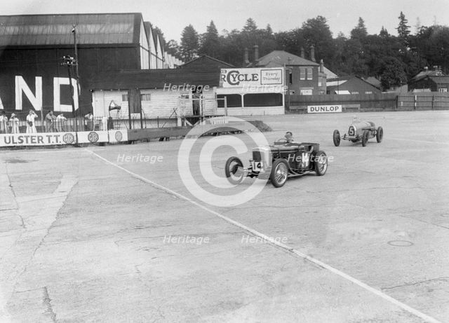 Frazer-Nash of RT Grogan leading Jack Lemon Burton's Bugatti T37, BARC meeting, Brooklands, 1933. Artist: Bill Brunell.