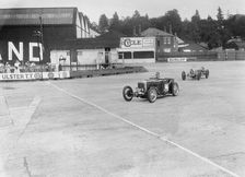 Frazer-Nash of RT Grogan leading Jack Lemon Burton's Bugatti T37, BARC meeting, Brooklands, 1933. Artist: Bill Brunell