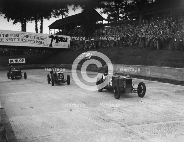 Frazer-Nash, MG and HRG racing at Brooklands, 1938 or 1939. Artist: Bill Brunell.