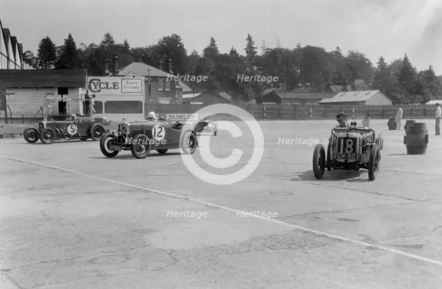 Frazer-Nash, Wolseley Hornet and Riley 9 Brooklands, BARC meeting, Brooklands, Surrey, 1933. Artist: Bill Brunell.