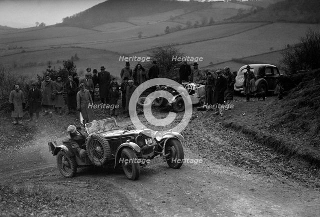 Frazer-Nash TT replica of TN Clare competing in the MG Car Club Midland Centre Trial, 1938. Artist: Bill Brunell.