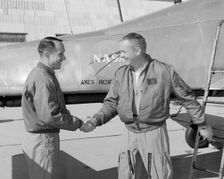 Fred Drinkwater congratulating Neil Armstrong, California, USA, February 1964. Creator: Lee Jones