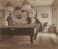 Frederick S Pray, David M Clarkson, and Sarah E Smith, posed by the billiard table..., Russia, 1899. Creator: Eleanor Lord Pray