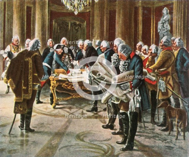Frederick the Great holds a council of war with his generals, August 1756, (1936). Creator: Unknown.
