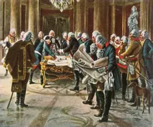 Frederick the Great holds a council of war with his generals, August 1756, (1936). Creator: Unknown
