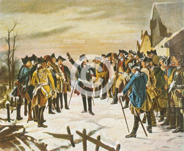 Frederick the Great makes a speech...on the eve of the Battle of Leuthen, 5 December 1757, (1936). Creator: Unknown.