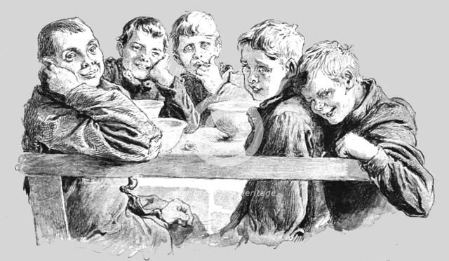 ''Free Dinners to Poor Children at the King Edward's Mission, Whitechapel', 1890. Creator: Unknown.