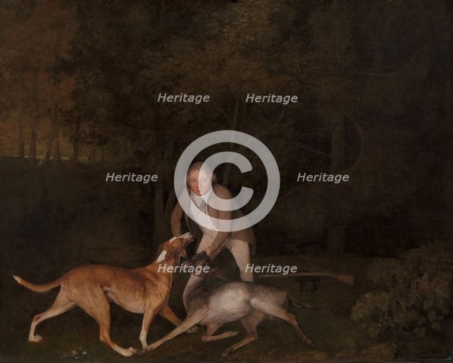 Freeman, the Earl of Clarendon's gamekeeper, with a dying doe and hound, 1800. Creator: George Stubbs.