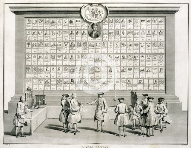 Freemasons, with signs for the various lodges, c1733. Creator: Unknown.