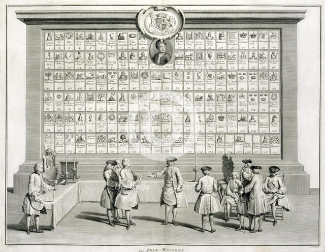 Freemasons, with signs for the various lodges, c1733. Artist: Unknown