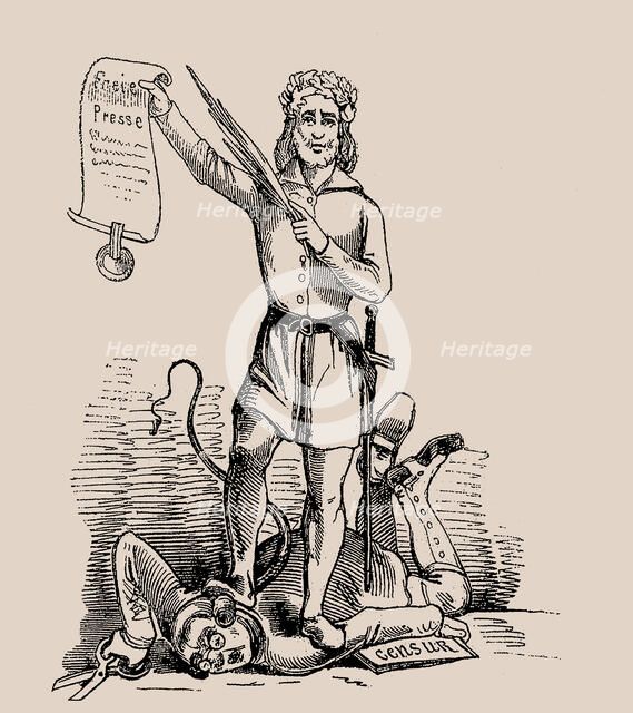 Freedom of the press. Cartoon from the satirical magazine "Leuchtkugeln", 1848. Creator: Anonymous.