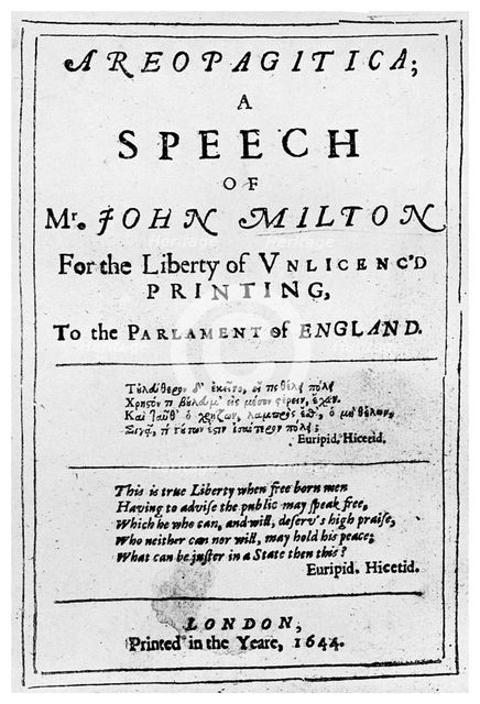 Freedom of the press: title page from the Areopagitica by John Milton, 1644 (1956). Artist: Unknown