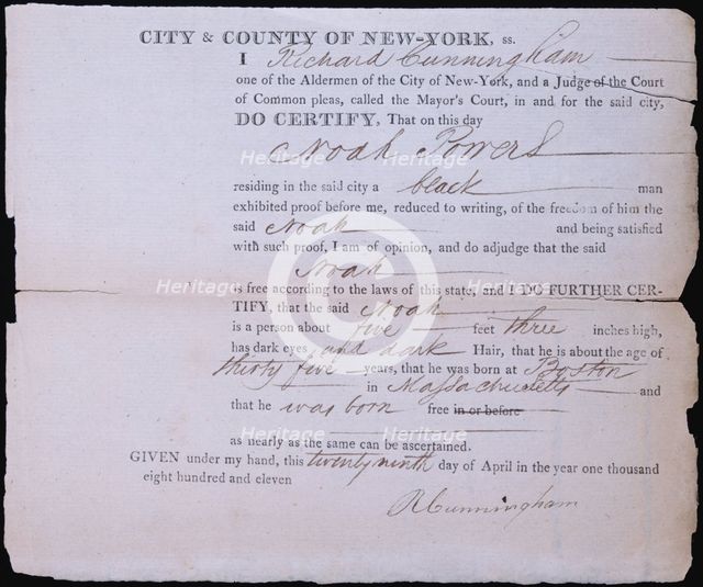 Freedom paper for Noah Powers, an African-American man, 1811-04-29.  Creator: Unknown.
