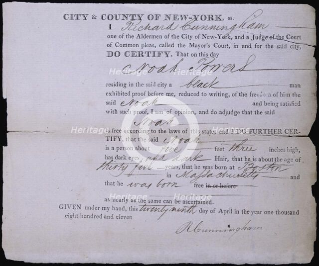 Freedom paper for Noah Powers, an African-American man, 1811-04-29.  Creator: Unknown.