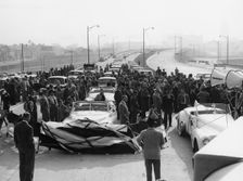 Freeway opening, possibly the Ventura Freeway in Los Angeles, California, USA, late 1940s