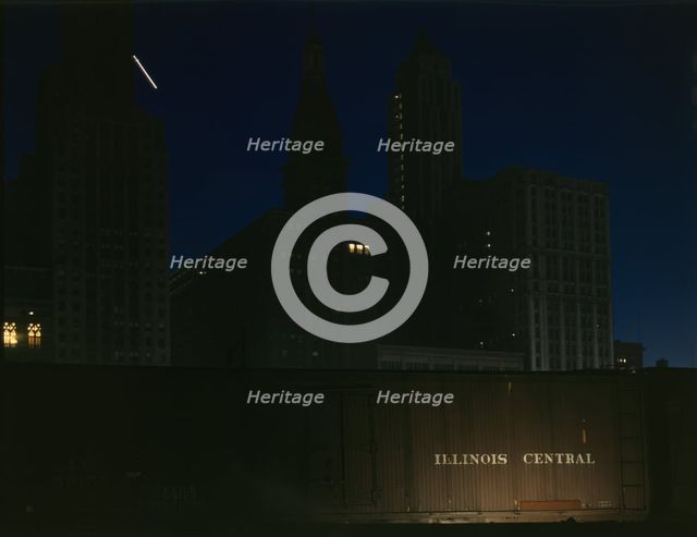 Freight cars at the South Water Street Illinois Central Railroad terminal, Chicago, Illinois, 1943. Creator: Jack Delano.