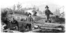 French miners working a long tom sluice California, 19th century.Artist: Gustave Adolphe Chassevent-Bacques
