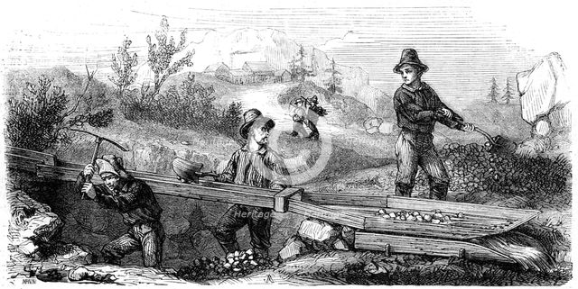 'French miners working a long tom sluice', California, 19th century.Artist: Gustave Adolphe Chassevent-Bacques