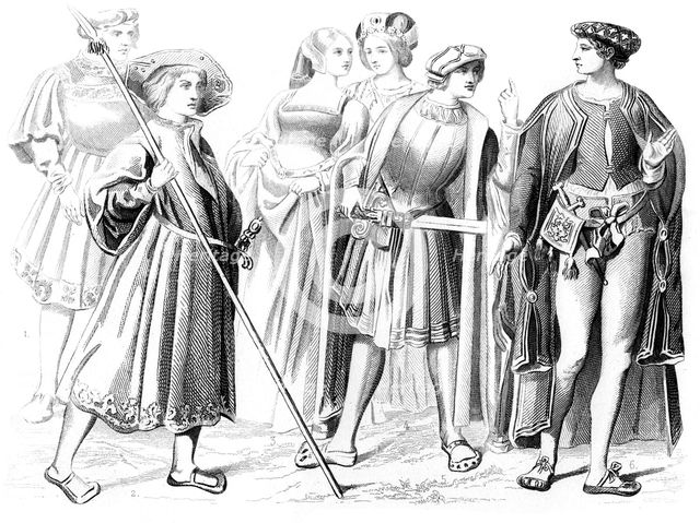 French noblemen and women, a yeomen of the guard, and a gentleman, 15th century (1849). Artist: Unknown
