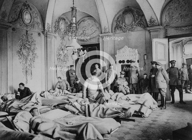 French and German wounded in a chateau in France, World War I, 1915. Artist: Unknown