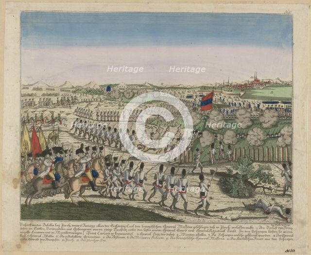  French and Russian troops on the Zürichberg hill in the First Battle of Zurich, c. 1810. Artist: Anonymous  