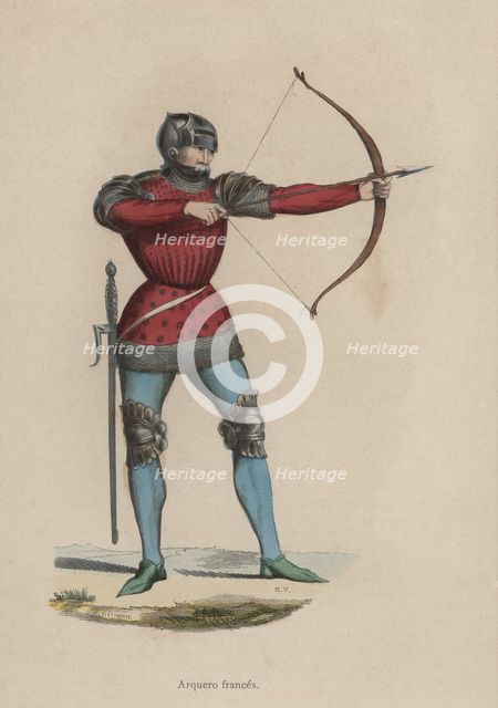 French archer, engraving, 1845, copy of a miniature of Froissart Chronicles.