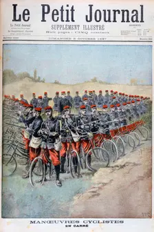 French Army bicycle corps in a square on manoeuvres, France, 1897. Artist: Henri Meyer